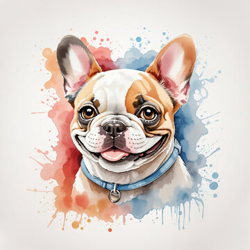 Watercolor cute smiling French Bulldog face