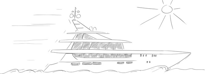 Luxury Yacht on Sea or Ocean, Vector Cartoon Illustration