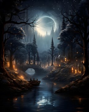 Fantasy landscape with full moon over a river in the forest at night