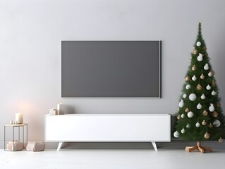 Blank black plasma TV screen in minimalist interior with Christmas tree. Creative mockup for Happy New Year advertisement on television. Generative AI