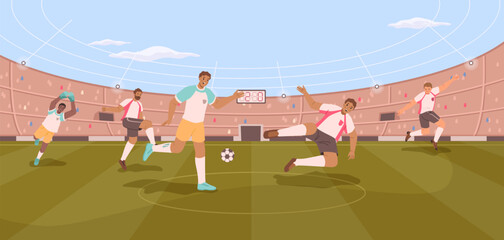 Stadium soccer people, football players on field. Vector dynamic poses of people in uniform, tense moment on field. Soccer stadium players. Football match players kicking ball, championship