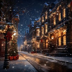 Fototapeta na wymiar Winter city street with christmas tree, lights and snowflakes