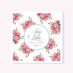 Save the Date wedding floral square card design with vintage watercolor Roses flowers.