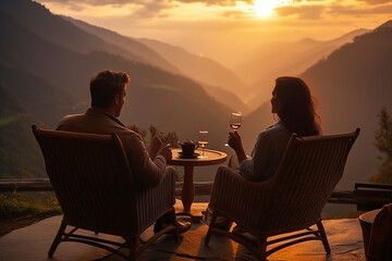 Fototapeta na wymiar Adult couple siting on chairs at terrace and drink wine in the mountains at summer