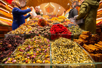 Naklejka premium Varieties of dried fruits displayed in the Egyptian Bazaar