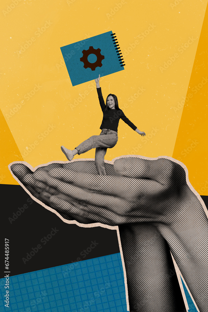 Poster collage 3d pinup pop retro sketch image of carefree lady walking arms creating start up isolated pai