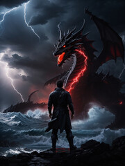 a fighter is challenging a dragon that is raging in the ocean