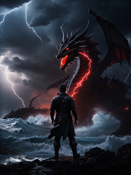 a fighter is challenging a dragon that is raging in the ocean
