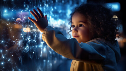 A girl touching a digital screen with abstract fractal elements, curiosity of the science