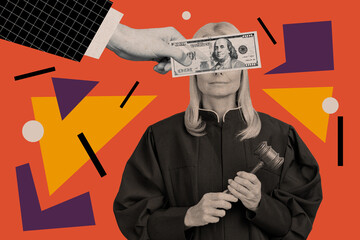 Artwork magazine collage picture of arm giving bribe corrupted judge isolated drawing background