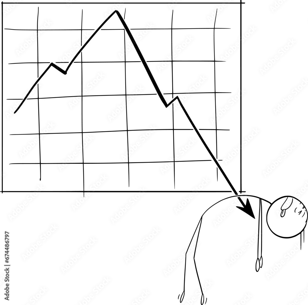 Canvas Prints Businessman and Falling Market Chart, Vector Cartoon Stick Figure Illustration