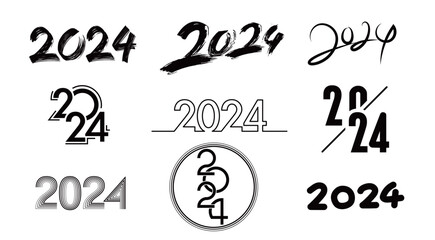 2024 Happy New Year logo text design. Set of 2024 number design template. Christmas symbols 2024 Happy New Year. Vector illustration with black labels logo for diaries, notebooks, calendars.