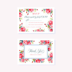 Wedding rsvp and thank you floral cards, design with vintage watercolor Roses flowers.