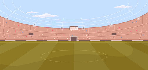 Football soccer field with tribunes, blue sky and green grass, flat cartoon style. Vector illustration of arena for tournaments or championships, no people on tribunes, board with much results - obrazy, fototapety, plakaty