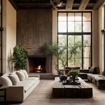 axel vervoordt style living room, quarter sawn oak, copper leather couches, with beige field stone fireplace and hickory floors, normal window trim, black accents, and cactus succulents