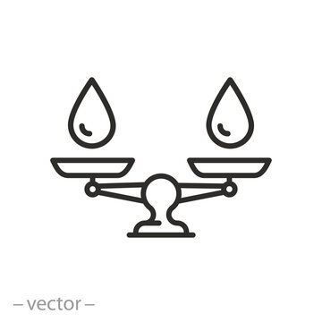 water balance icon, water drops on scales concept, thin line symbol - vector illustration