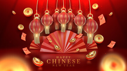Red luxury background with 3d realistic chinese new year ornament and glitter light effect decoration and bokeh. Vector illustration.