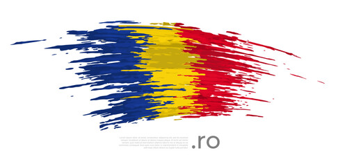 Romania flag. Brush strokes, grunge. Stripes colors of the romanian flag on a white background. Vector design national poster, template, place for text. State patriotic banner of romania, flyer - obrazy, fototapety, plakaty