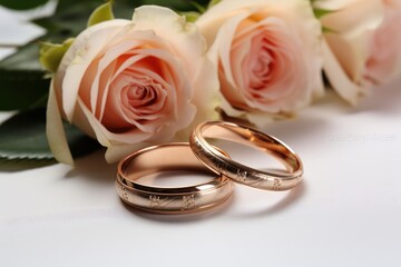 Romantic Wedding Rings And Roses On Marble Backdrop