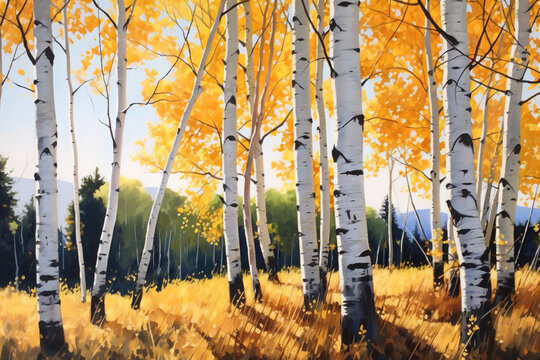 sharp background, a dense stand of aspen trees with white bark and brilliant yellow leaves backlit by a low angle sun