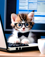 Gatito con gafas trabajando en el ordenador