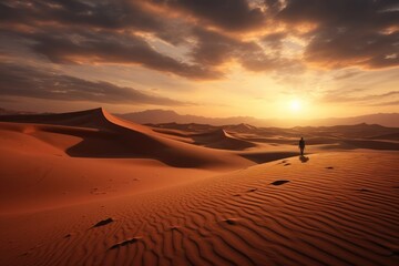 Fototapeta na wymiar Solitary Traveler In Artful Desert Landscape With Sand Patterns