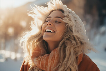 A blonde woman breathes calmly looking up enjoying winter season