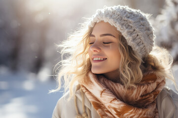 A blonde woman breathes calmly looking up enjoying winter season