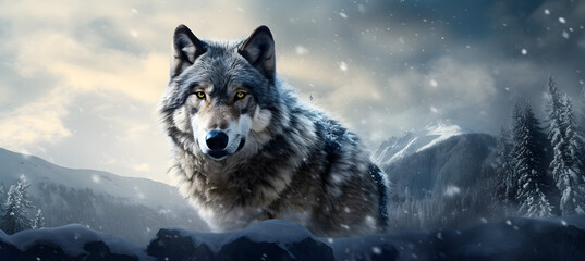 banner of the wolf on the snow background - obrazy, fototapety, plakaty