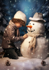 Joyful kid building a Snowman in a Snowfall