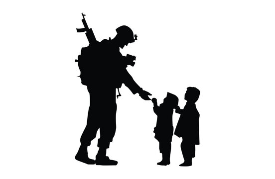 Silhouette of two childs with soldier.Child safetyillustration. Stop war