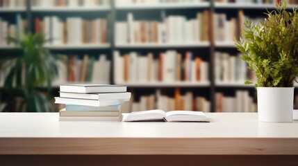 Blur library interior background for your design, desk with books and laptop