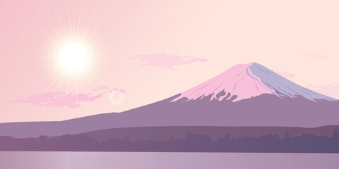 Obraz premium Dawn over Mount Fuji. Morning view of the landmark of Japan. Design for travel banners, journey, invitations. Landscape with a sunrise. Realistic vector background. View of the rising sun.