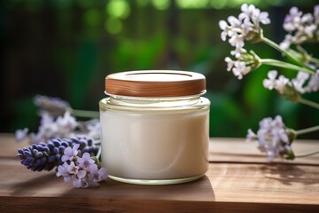 Obraz na płótnie Canvas Generative AI : cosmetic cream with herbal in a glass jar on wood.