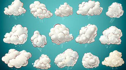 Set of white cartoon clouds on a blue background.