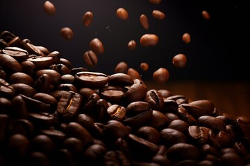 Generative AI : Flying coffee beans on dark brown background with copy space. Close up