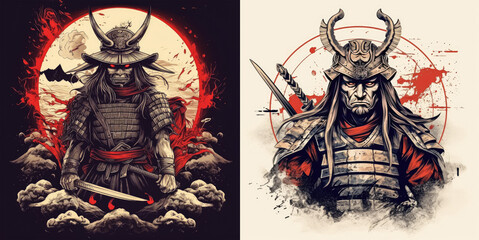 Set of Japan Samurai printing design for t-shirt - obrazy, fototapety, plakaty
