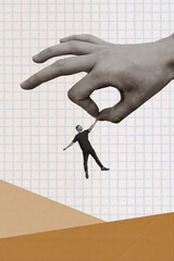 Image collage illustration of miniature funky guy hanging human huge fingers catch him hanging over...
