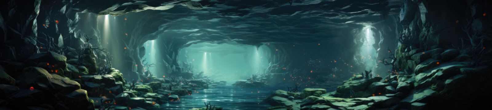 Explore the enigmatic depths of an underwater cave within a secret water creek, perfect for a unique wallpaper.