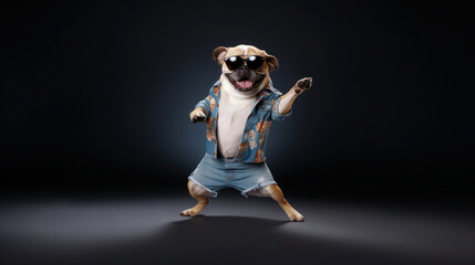 funny dog pug in clothes and sunglasses dancing in the studio on a black background