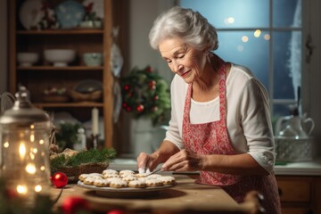 Beautiful elder woman in her kitchen baking Christmas cookies or biscuits - obrazy, fototapety, plakaty