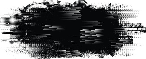 Glitch distressed grange shape . Noise grungy logo .  Shape textured with fast lines.Grunge , distress effect .Vector shapes with a halftone dots, and speed lines. screen print texture. - obrazy, fototapety, plakaty