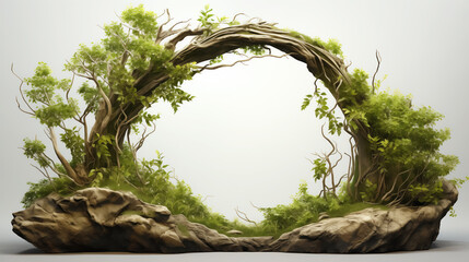 Natural archway formed by entwined trees on a rocky base.