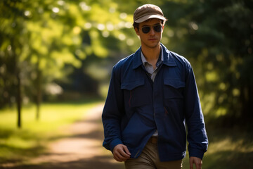 Man in hat and sunglasses walking down path.
