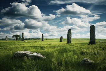 Stone Pillars In Green Grass Under Cloudy Sky