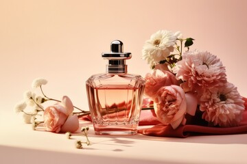 Stylish Perfume Composition With Bottles And Flowers - obrazy, fototapety, plakaty