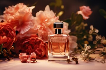 Stylish Perfume Composition With Bottles And Flowers. Сoncept Elegant Fragrance, Floral Arrangements, Perfume Bottles, Stylish Compositions, Scented Flowers - obrazy, fototapety, plakaty