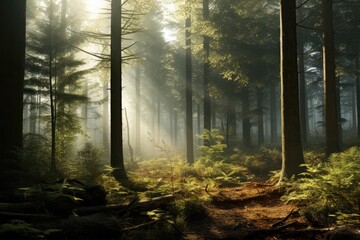 Obraz premium Surreal Forest With Fog And Natural Beauty D Illustration