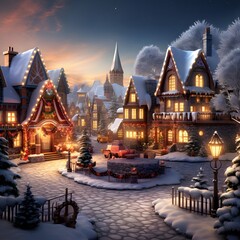 Christmas village at night in the snow. Christmas and New Year concept.