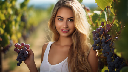 Sunshine in the Vines: Blonde Woman's Radiant Presence at the Grape Harvest. 